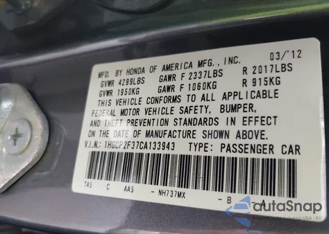 2012 Honda Accord 2.4 Lx from USA, damaged, VIN 1HGCP2F37CA133943